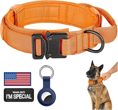 DAGANXI Tactical Dog Collar, Adjustable Military Training Nylon Dog Collar with Control Handle and Heavy Metal Buckle for Medium and Large Dogs, with Patches and Airtags Case (Orange, S)