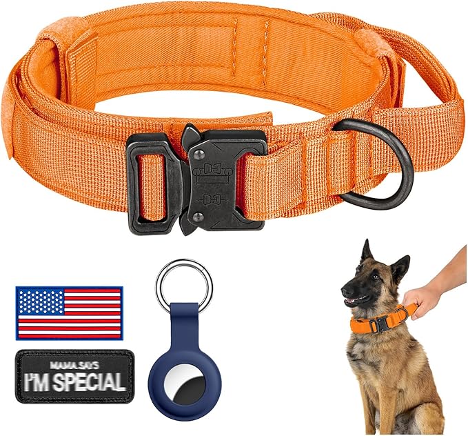 DAGANXI Tactical Dog Collar, Adjustable Military Training Nylon Dog Collar with Control Handle and Heavy Metal Buckle for Medium and Large Dogs, with Patches and Airtags Case (Orange, M)