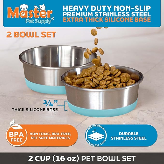Master Pet Supply Stainless Steel Dog Bowls Set of 2 with Extra Thick Silicone Base - 2 Cup (16 oz) Aqua Sky, Non-Slip, Dishwasher Safe Metal Bowls, Pet Dog Food Bowl for Dogs, Cats, Anti Rust