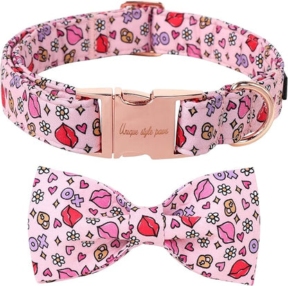 Unique style paws Valentine's Day Dog Collar with Bow Tie XO Red Lips Puppy Collar Best Gift for Small Medium Large Boys Girls-L