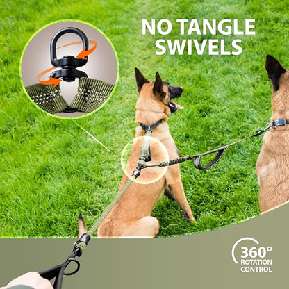 SparklyPets - Double Dog Bungee Rope Leash - Dual Dog Lead for Medium and Large Breeds - Padded Handles, No Tangle - Flow Leash, 2 Dogs Walking Accessory
