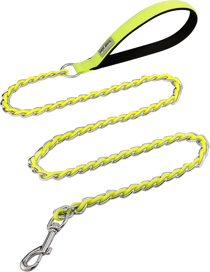 Chain Dog Leash Chew Proof Metal Leash for Medium Large Dogs, Chain Link Anti Chew 4FT Strong Anti Bite Comfortable Soft Padded Handle Yellow 3.0
