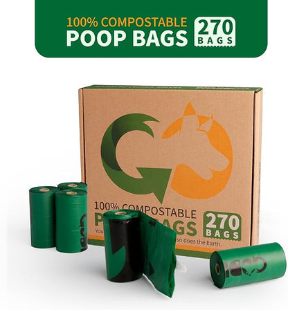 Certified 100% Home Compostable Poop Bags for Dogs, 270 Count Guaranteed Leak Proof and 18 Microns Extra Thick Waste Bag, 18 Rolls of Plant Based Doggie Poop Bag, No Scented with ASTM D6400 & EN13432
