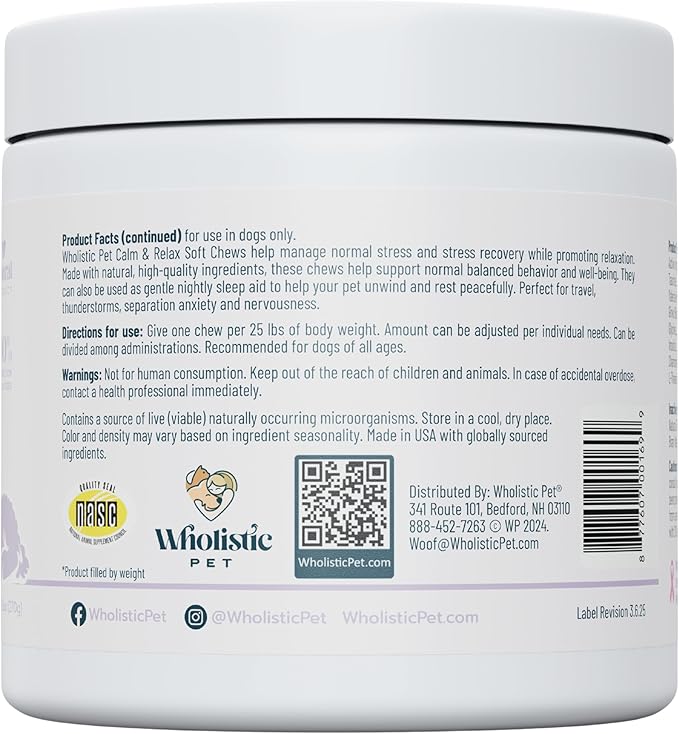 Wholistic Pet Calm & Relaxed - Calming Chews for Dogs - L-Theanine Manages Stress & Separation Anxiety - Melatonin for Dogs Anxiety Relief & Sleep Aid - Daily Dog Calming Treats - Bacon - 90 Chews