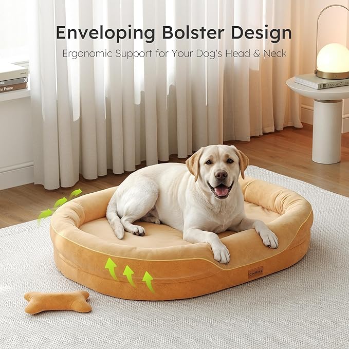 CWAWZ Jumbo Orthopedic Dog Bed, Big Dog Beds for Extra Large Sized Dogs with Full-Surround Bolsters, Dual-Sided Dog Cooling Bed with Memory Foam, Washable Pet Sofa Couch with Nonslip Bottom, Brown