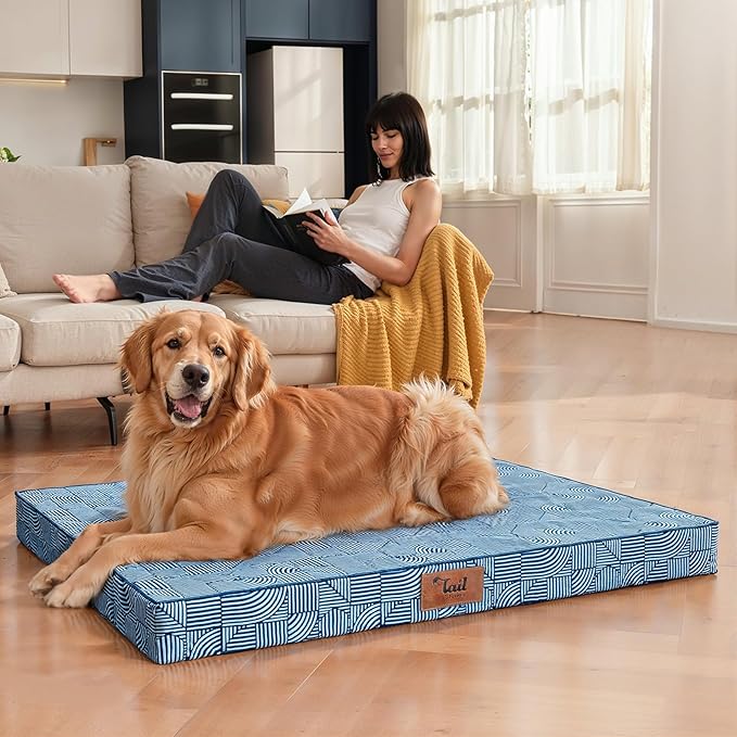 Tail Stories Outdoor Extra Large Dog Crate Bed, XXL Waterproof Dog Bed for Giant Breeds Dogs, 47x29 Inch Orthopedic Egg Crate Foam Pet Mat with Removable Cooling Cover, White Blue