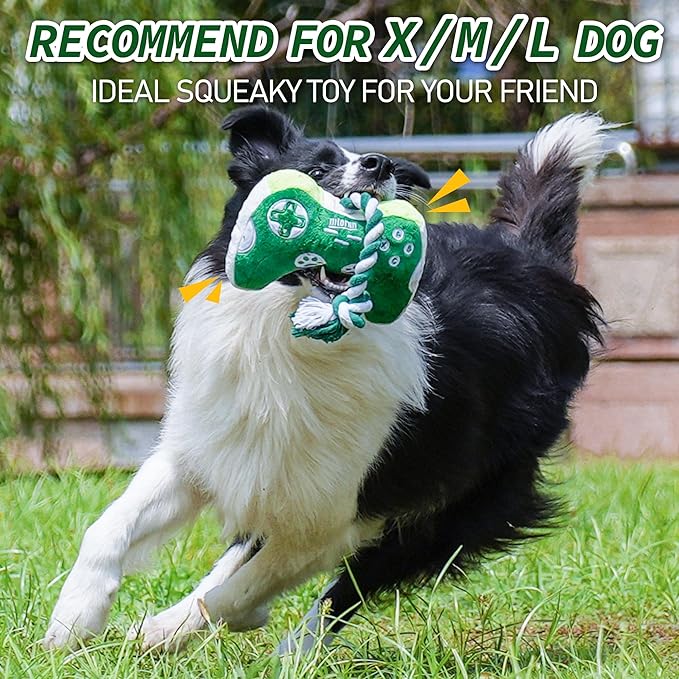 MTERSN Squeaky Dog Toys : Interactive Dog Plush Toy with Full Crinkle Paper and Cute Puppy Chew Toys with Rope - Funny Gaming Controller Shape Dogs Birthday Gift (Green)