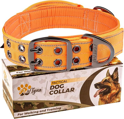 ADITYNA Heavy Duty Dog Collar for Large Dogs - Reflective Orange Collar with Handle for Training, and Walking - Wide, Thick, Tactical, Soft Neoprene Padded