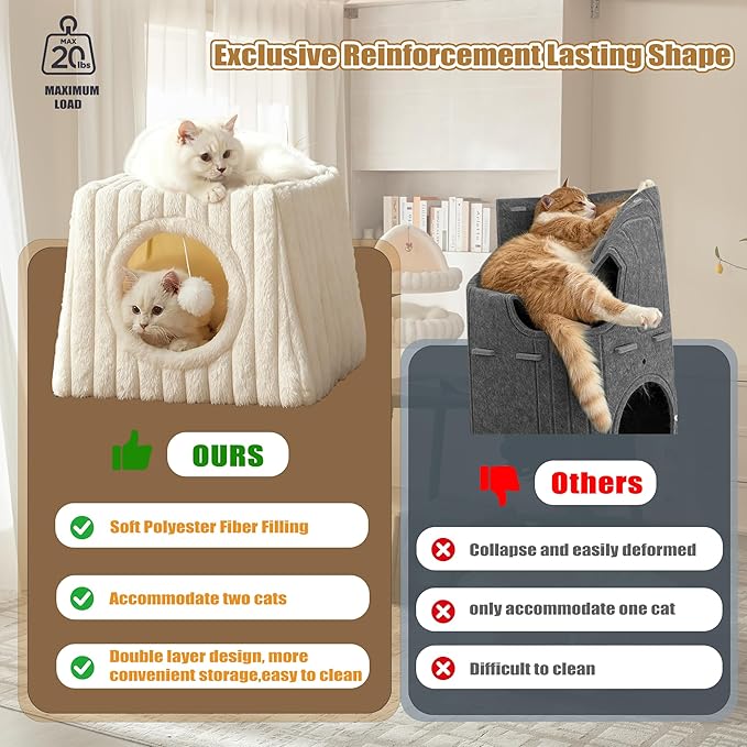 Indoor Cat House - Large Cat Bed Cave with Fluffy Balls and Scratch Pads, Foldable House and Apartment with Pads, Suitable for Multiple Cats(White, Large)