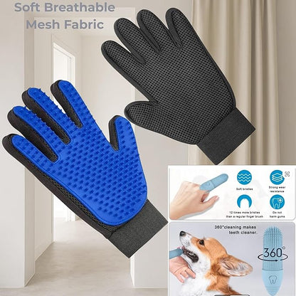Pet Grooming Gloves for Dogs, Cats & Horses – 2-in-1 Deshedding & Massage Mitt – Soft Silicone Tips – Left & Right Hand Set + Bonus Detail Tool