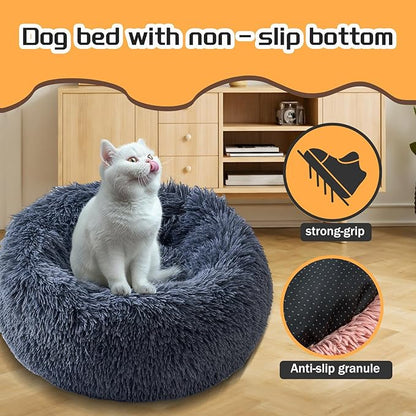 Comfort Donut Dog Bed for Small Dogs, Cat Bed & Pet Bed for Indoor Use, Medium Size with Soft Plush, Round Dog Beds for Large Dogs and Cats (Gray, 32''Lx32''Wx8''Th)