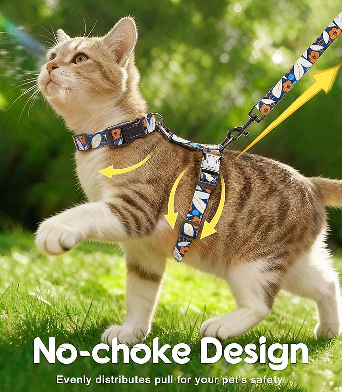 Halypet 2-Pack Cat Harness and Leash Set, Escape Proof 3-in-1 Adjustable Harness for Cats, Soft Lightweight, Easy On & Control for Walking, Travel & Outdoor Use, Navy Floral, Medium