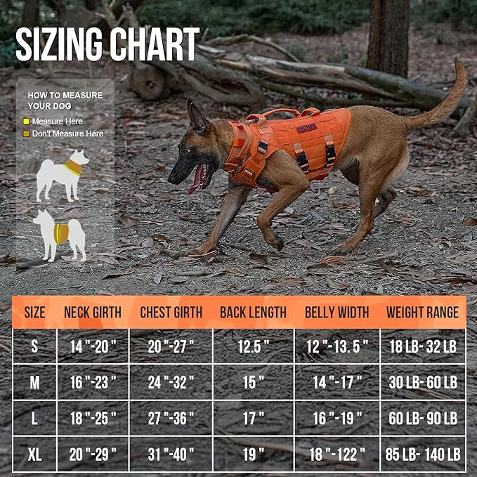 OneTigris Large Tactical Dog Harness, No Pulling Adjustable Dog Vest Harness, Heavy Duty Dog Harness with Handle, Large Hook and Loop Panels for Patch(Orange,M)