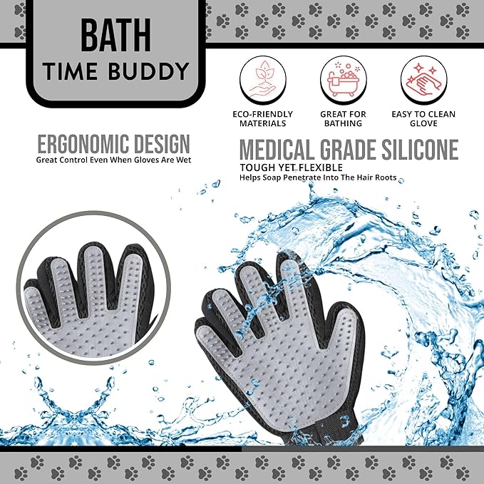 Pet Grooming Gloves – 1 Pair – Deshedding & Bath Massage Mitts for Dogs & Cats – Choose from 5 Colors – Adjustable, Reusable & Easy to Clean (Gray)