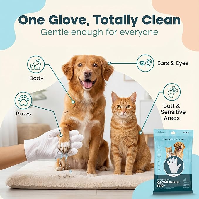 Uproot QuickClean Gloves Pro: 1 Month Supply - Extra-Thick Pet Glove Wipes for Dogs & Cats - Easy Wipe Paws, Eyes, Ears, Butt, & Body - Lick-Safe - Cleaning, Deodorizing & Grooming (6 Pack)