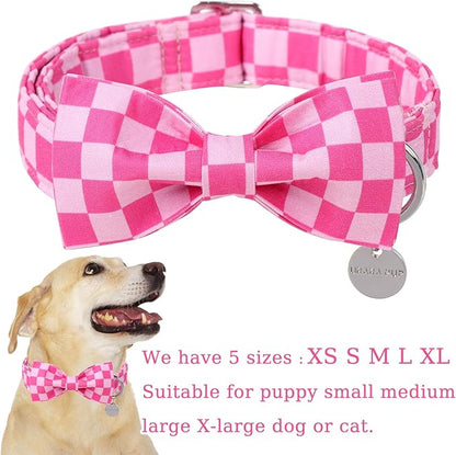 Dog Collar with Bow Tie,Pink Bow Dog Collar with Adjustable Buckle,Cotton Puppy Collar for Small,Medium,Large Dogs