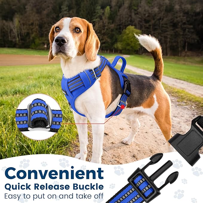 Funfox Dog Harness Medium No Pull, Adjustable 2 Clips Anti-Pull Vest with Practical Handle, Breathable Padded Pet Harness Designed for Small/Large Breeds, Reflective Training Walking Blue M