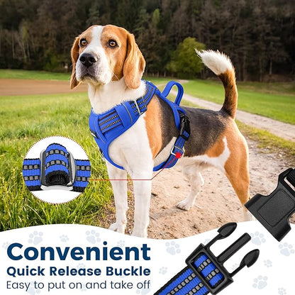 Funfox Dog Harness Medium No Pull, Adjustable 2 Clips Anti-Pull Vest with Practical Handle, Breathable Padded Pet Harness Designed for Small/Large Breeds, Reflective Training Walking Blue M