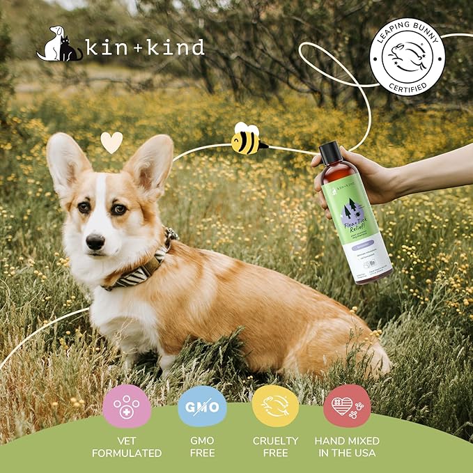 kin+kind Dog Shampoo Flea and Tick Vet Formulated - Natural Flea and Tick Prevention for Dogs - Plant Powered Shampoo w/Coconut & Olive Oil - Dog Supplies - Lavender Scent - Made in USA 12 fl oz