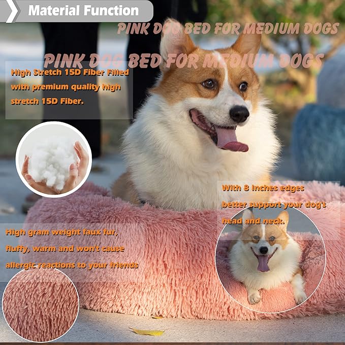 Calming Dog Bed for Medium Dogs Washable Donut 30 inches Anti-Slip Pet Bed,Round Fluffy Plush Faux Fur Cat Bed,Fits up to 45 lbs Pets,Pink