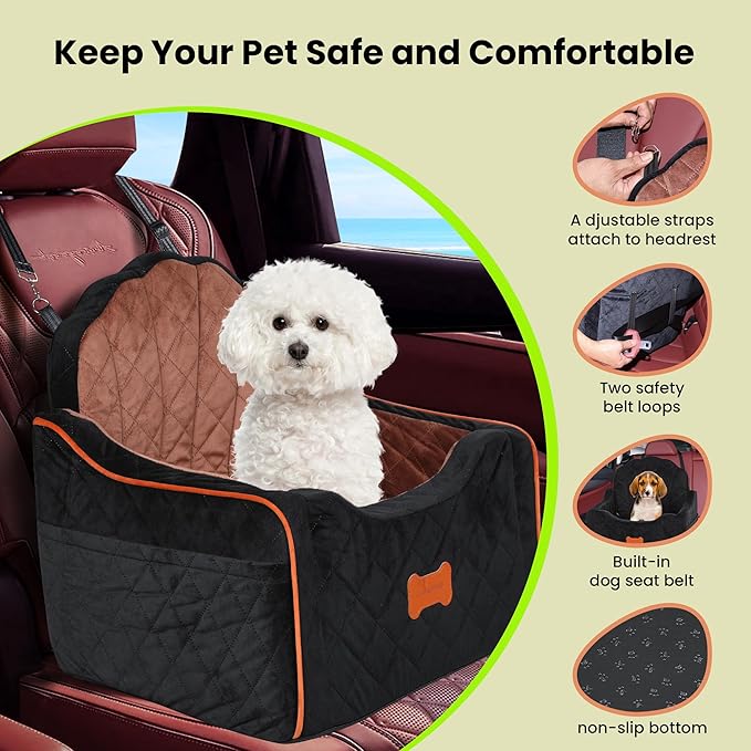 koneboss Dog Car Seat for Small Dogs Under 30lbs, Detachable Washable Pet Booster Seat with Safety Belt & Storage Pockets, Travel Car Bed, Black/Brown