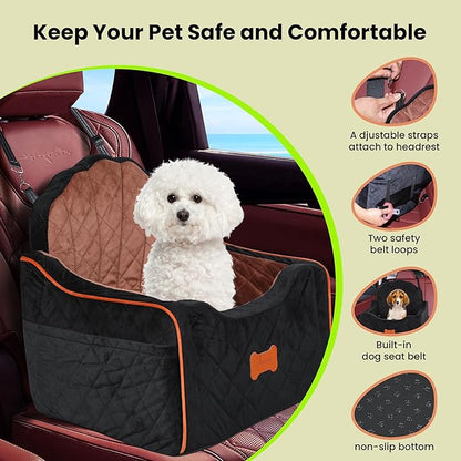 koneboss Dog Car Seat for Small Dogs Under 30lbs, Detachable Washable Pet Booster Seat with Safety Belt & Storage Pockets, Travel Car Bed, Black/Brown