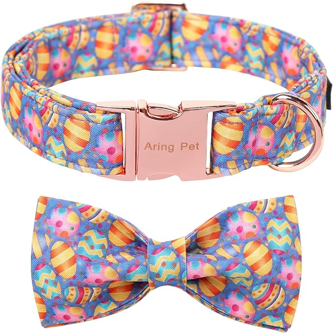 ARING PET Easter Dog Collar, Cute Purple Easter Eggs Pet Collars with Bow Tie for Puppy Small Medium Large Dogs-L