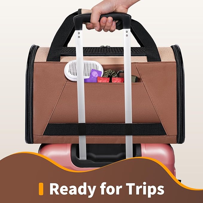 PAPZER Collapsible Small Pet Carrier for Cat 15 lbs with Fashion Pocket, Lightweight Sturdy Travel Carry Bag Little Puppy Dog, Breathable Stylish Kitten Soft Cage Kennel, 17.7x11.0x11.8 Inch Khaki