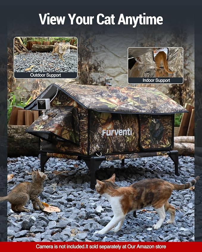 Heated Cat House for Outside,Extremely Weatherproof&Insulated in Winter,Elevated Outdoor Cat Shelter with Waterproof Eaves&Escape Door for Feral Stray Barn Cats(Leaves,S)