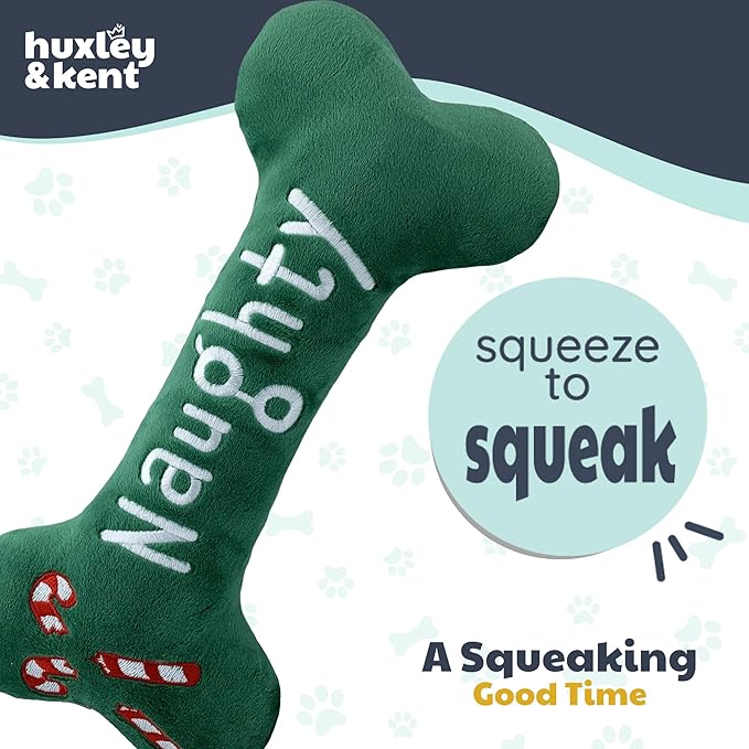 Huxley & Kent Funny Dog Toy w/Squeaker – Holiday Power Plush Squeaky Dog Toys for Small, Medium & Large Dogs – Soft Stuffed Animal for Indoor Play & Fetch - Naughty Nice Bone, Small