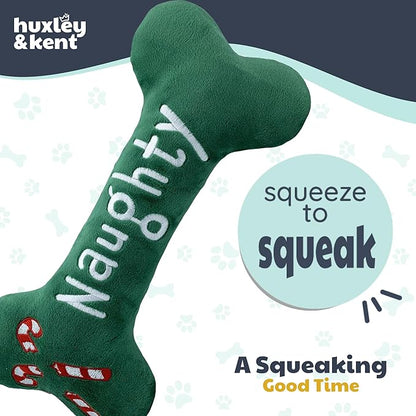 Huxley & Kent Funny Dog Toy w/Squeaker – Holiday Power Plush Squeaky Dog Toys for Small, Medium & Large Dogs – Soft Stuffed Animal for Indoor Play & Fetch - Naughty Nice Bone, Small