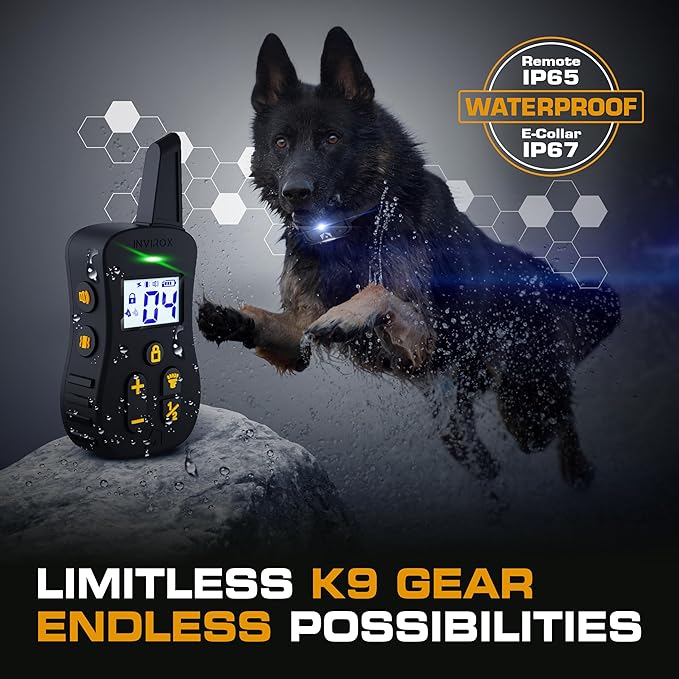INVIROX Ultra K9 Dog Training Collar, 124 Levels for Reactive, Stubborn or Hard-to-Train Dogs, Long Range ¾ Mile, Night-Light Mode, Safe Communication, IP67 Waterproof E Collar for Large Dogs