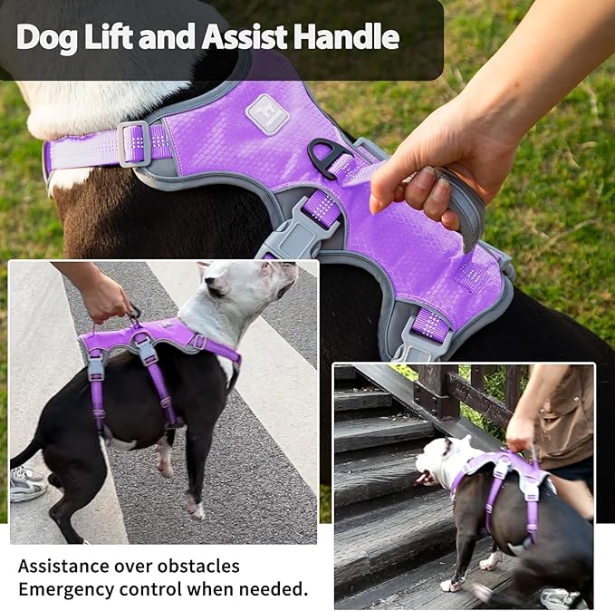 Huntboo Escape Proof Dog Harness, Escape Artist Harness, Reflective Harness with Padded Handle, Breathable, Adjustable Vest for Medium Dogs Walking, Training, and Running Gear（Lavender Purple, S