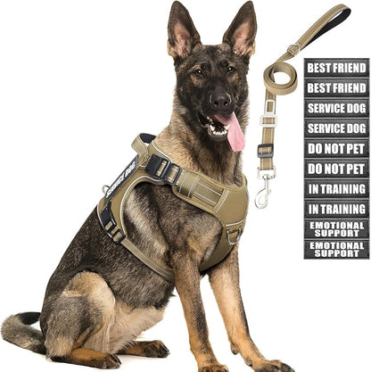MOOGROU Tactical Dog Harness and Leash Set for Large Dogs,Heavy Duty No Pull Service Dog Vest and 10 Patches with Dog Seat Belt,Reflective Adjustable Pet Harness for Training Walking Hiking Brown L