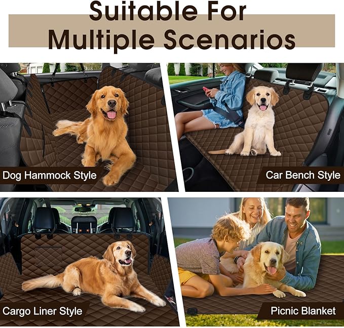 NECKORY Waterproof Dog Car Seat Cover for Back Seat - Durable, Scratch Proof Pet Hammock with Nonslip Design & Storage Pockets, Fits Cars, SUVs, Trucks - L, Coffee/Black