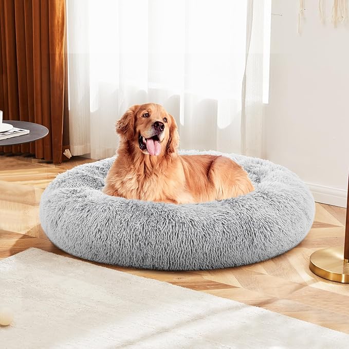 DUMOS 37.4x37.4 Inch Calming Donut Dog Beds for Large Dogs, Machine Washable Cuddler Warming Cozy Fluffy Faux Fur Plush Round Pet Bed Medium Sized Bed for Indoor Dogs and Cats, Grey