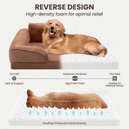 Warmrest Orthopedic Dog Beds for Large Sized Dogs, Waterproof Egg-Crate Foam Pet Couch Bed with Soft Sides, Non-Slip Dog Sofa with Flannel Removable Washable Cover, 35" L Supportive Pet Sofa, Brown