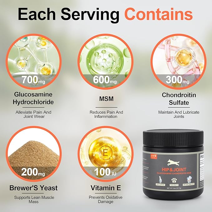Hip and Joint Supplement Powder for Dogs Glucosamine for Dogs, Dog Arthritis Vitamins for Hip and Joint Pain Relief Contains Glucosamine Chondroitin MSM Vitamin E for All Breeds and Sizes