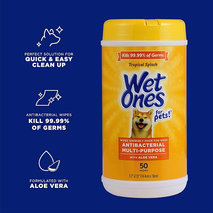 Wet Ones for Pets Multipurpose Dog Wipes with Aloe Vera, Tropical Splash Scent - Pet Bathing Wipes in Canister for Dog Paws & All Over Use, 50 Count - 12 Pack