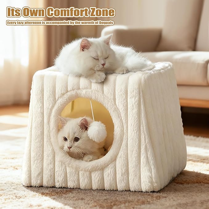 Indoor Cat House - Large Cat Bed Cave with Fluffy Balls and Scratch Pads, Foldable House and Apartment with Pads, Suitable for Multiple Cats(White, Large)