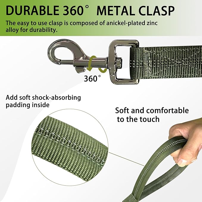 Reflective Heavy-Duty Dog Leash Adjustable 4–5 ft Shock-Absorbing Leash with Padded Handle & Traffic Handle, Equipped with 360° Tangle-Free Metal Clasp, Suitable for All Dog Sizes (Olive Green)