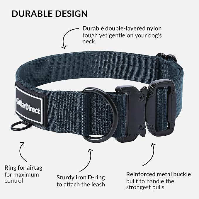 Heavy Duty Dog Collar for Large or Medium Dogs, Adjustable Strong Dog Collar for Active Dogs, Double-Layered Nylon (Dark Blue, 11-15)