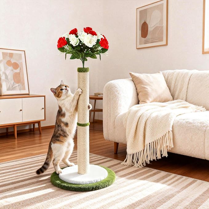 CWV 45" Tall Cat Scratching Post, Cute Rose Flower Cat Scratcher for Indoor Adult Cats & Kittens, Cat Tree Tower with Sturdy Base, Sisal Rope, Interactive Toys & Cat Gifts, Rascadores para Gatos