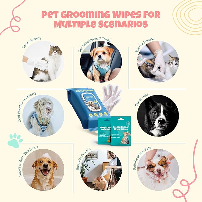 TREZUMA Pet Glove Wipes for Dogs & Cats | No Rinse Full Body Cleaning Gloves | Ear & Eye Wipes Set | Gentle Grooming for Paws Face Ears Coat | Alcohol Free
