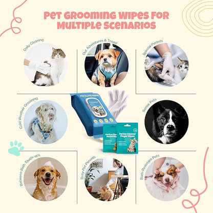 TREZUMA Pet Glove Wipes for Dogs & Cats | No Rinse Full Body Cleaning Gloves | Ear & Eye Wipes Set | Gentle Grooming for Paws Face Ears Coat | Alcohol Free