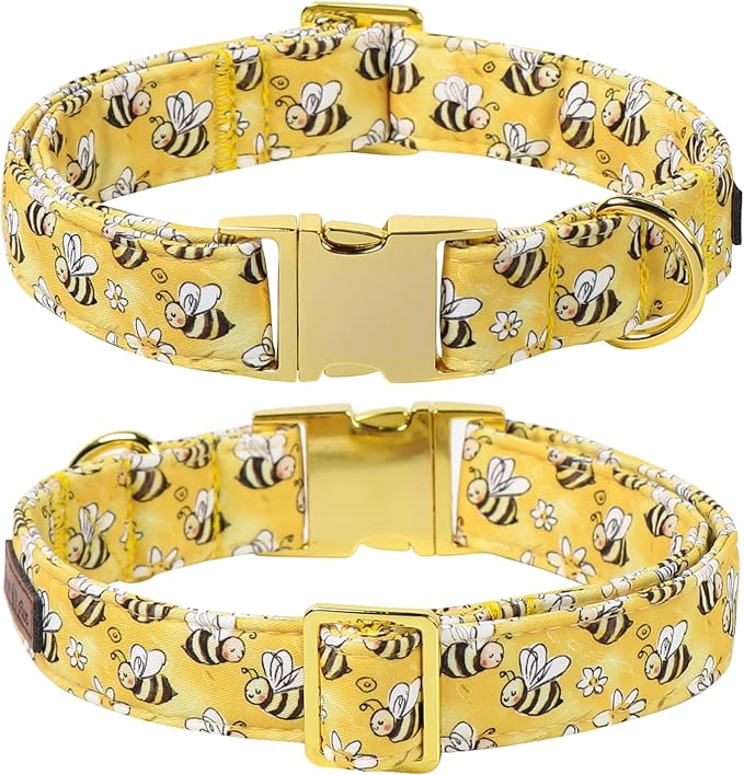 Lionet Paws Spring Dog Collar with Bow tie,Cute Summer Bees Yellow Dog Collar Bow Tie for Dogs Female, Medium, Neck 13.5-22 inches