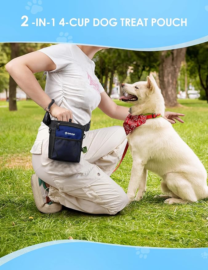 Gobeigo Dog Treat Pouch with Silicone Snack Bag, Front Pocket fits All Phones, 4 Cup Treat Bag with Training Clicker, Upgrade Stronger Magnetic Closure, 3 Ways to Wear Walking Fanny Pack (Navy Blue)