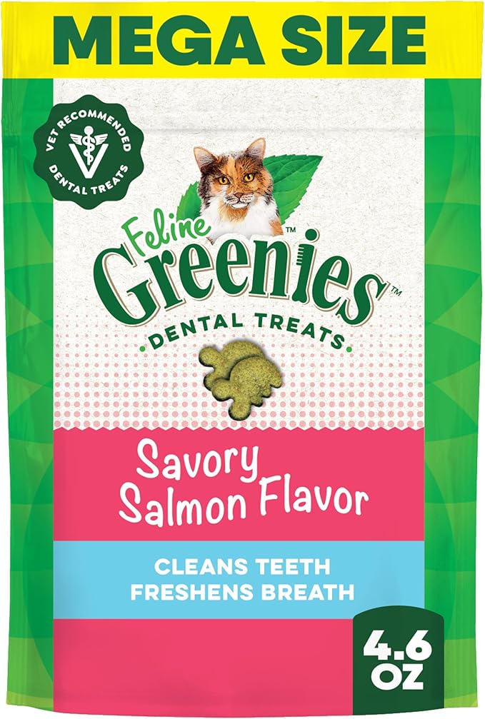 Greenies Feline Veterinarian-Recommended Adult Natural Dental Cat Treats, Savory Salmon Flavor, 4.6 oz. Pouch