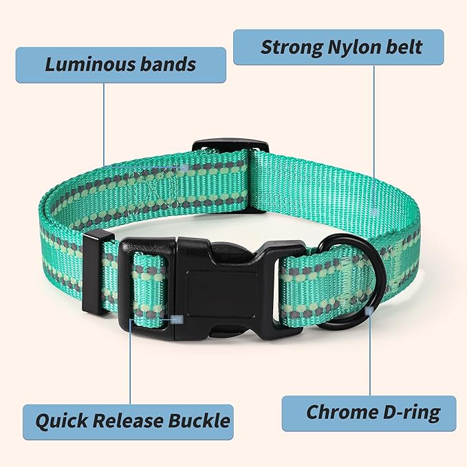 Mile High Life Reflective Dog Collar, Basic Dog Collars Adjustable Quick Release, Soft Nylon Pet Collar with Metal D-Ring for Small Medium Large Dogs (Green, S Neck11-15)