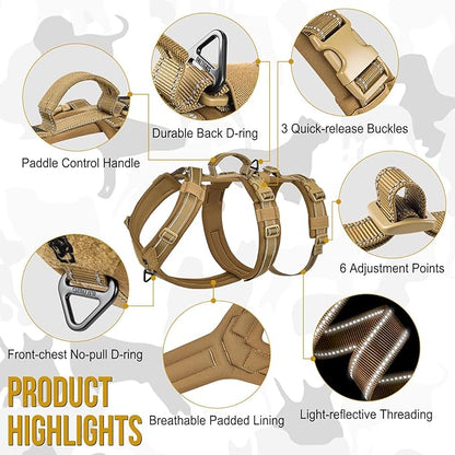 OneTigris Dog Harness No Pull, Adjustable Tactical Harness with Soft Padding, Y-Shaped Reflective Easy Walk Dog Harness for Medium and Large Dogs